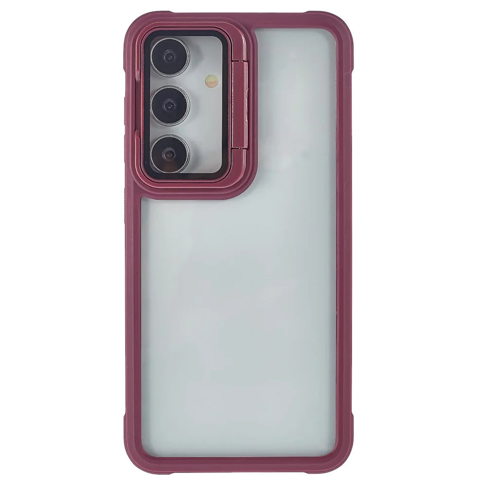 For Samsung Galaxy S26 Phone Case PC + TPU Clear Back Cover with Lens Cover Kickstand - Wine Red - 1