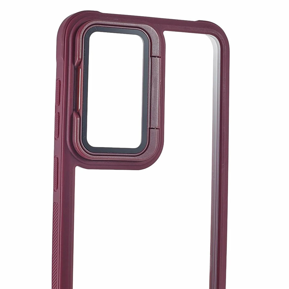 For Samsung Galaxy S26 Phone Case PC + TPU Clear Back Cover with Lens Cover Kickstand - Wine Red - 6
