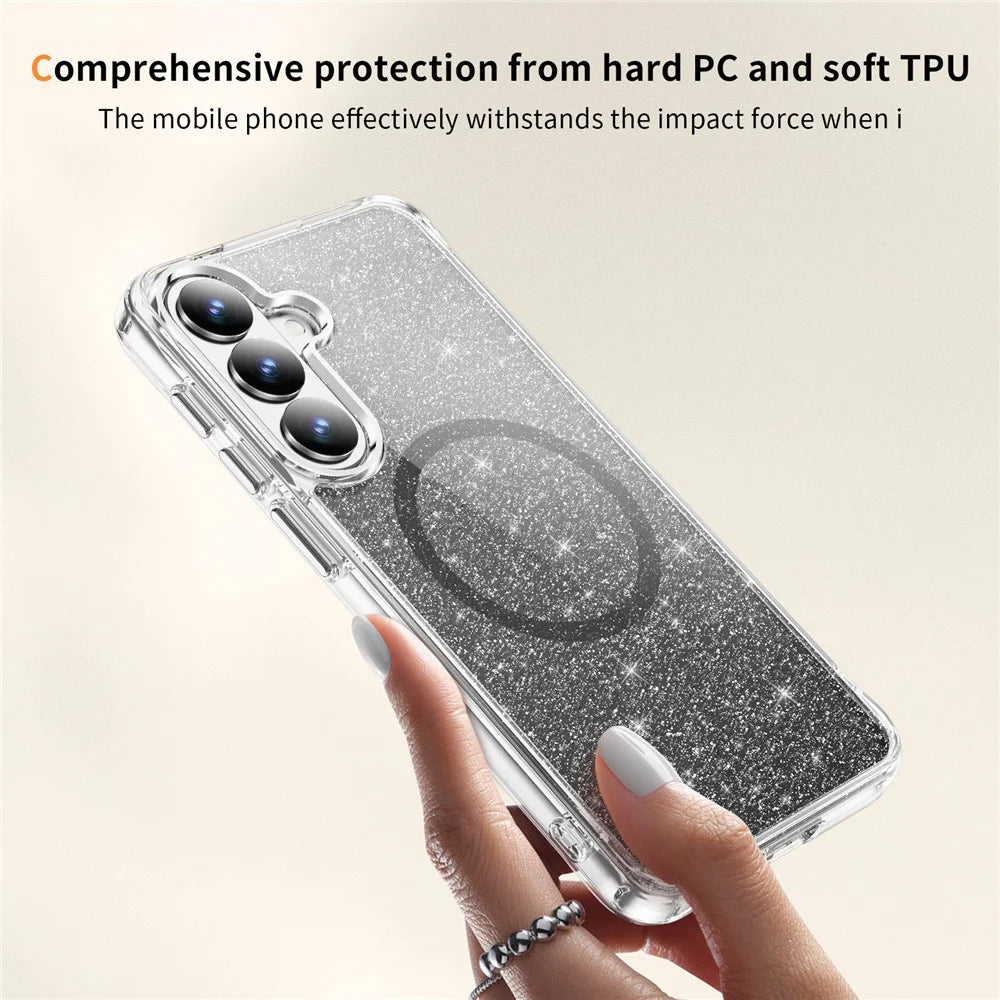 For Samsung Galaxy S26+ Glitter Magnetic Case Crystal Clear PC TPU Shockproof Phone Cover - Black - 4