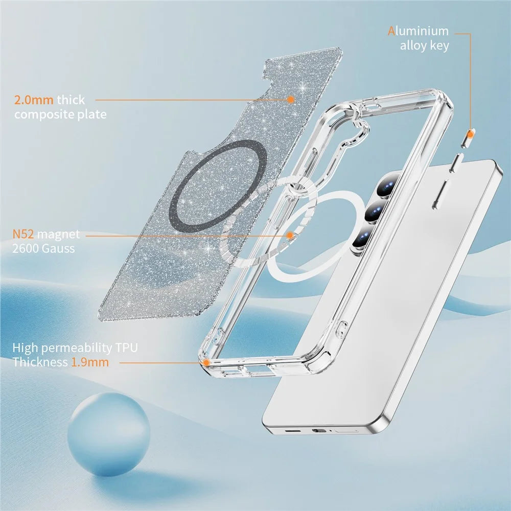 For Samsung Galaxy S26+ Glitter Magnetic Case Crystal Clear PC TPU Shockproof Phone Cover - Black - 7