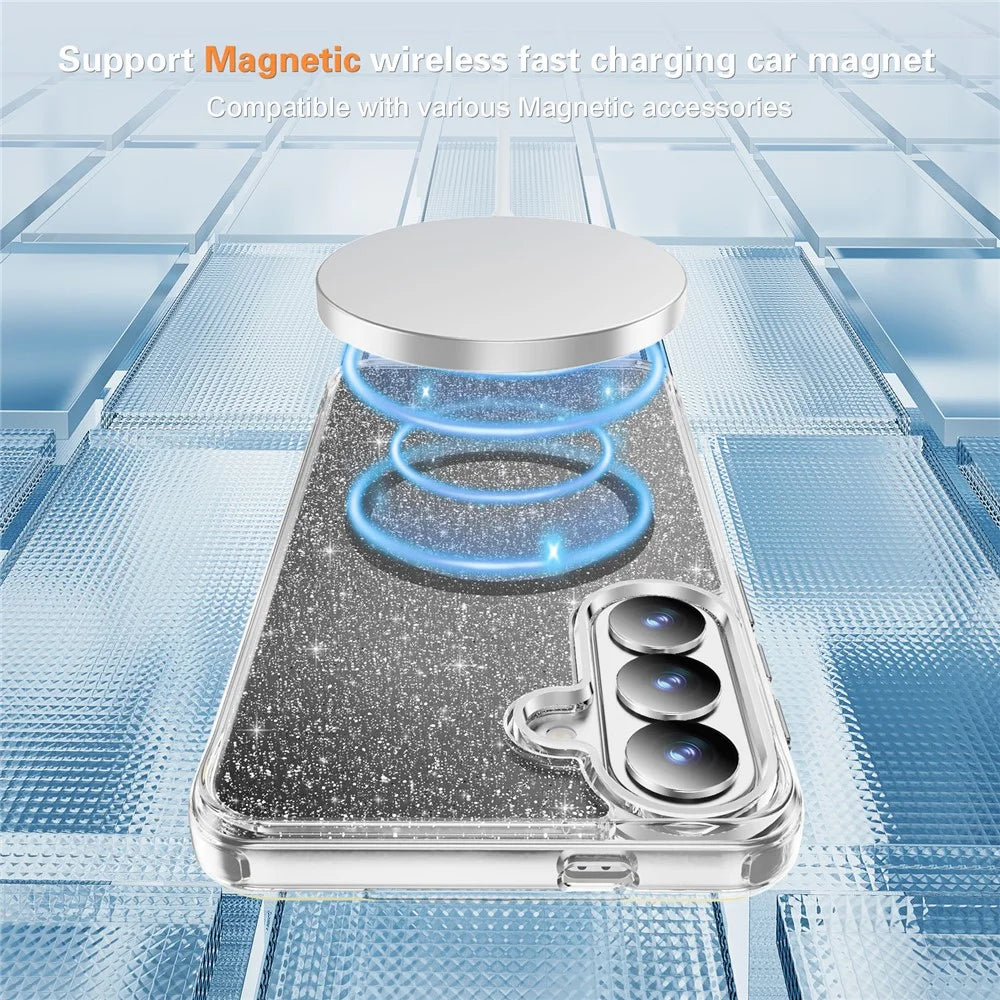 For Samsung Galaxy S26 Glitter Magnetic Case Crystal Clear PC TPU Shockproof Phone Cover - Black - 3