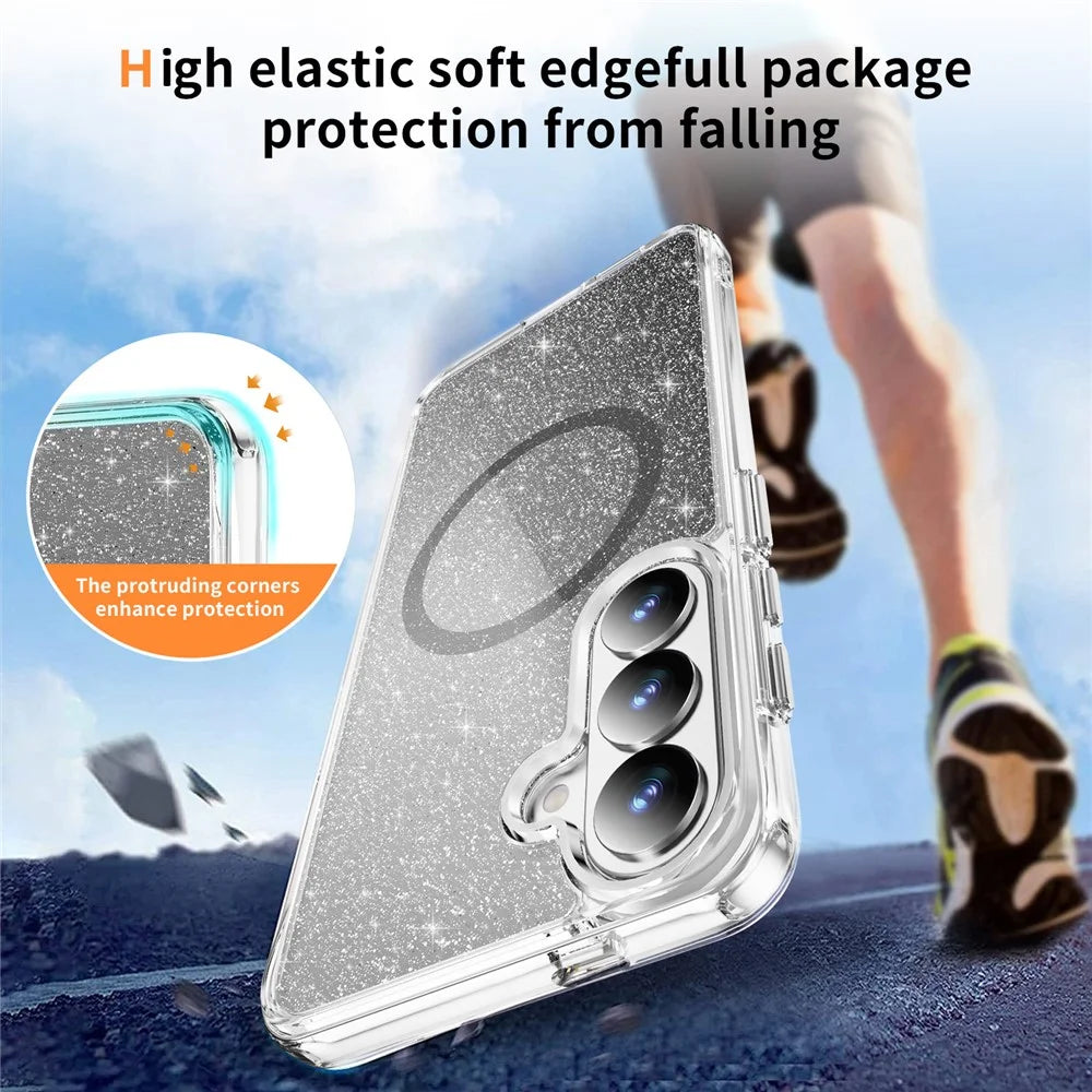 For Samsung Galaxy S26 Glitter Magnetic Case Crystal Clear PC TPU Shockproof Phone Cover - Black - 5