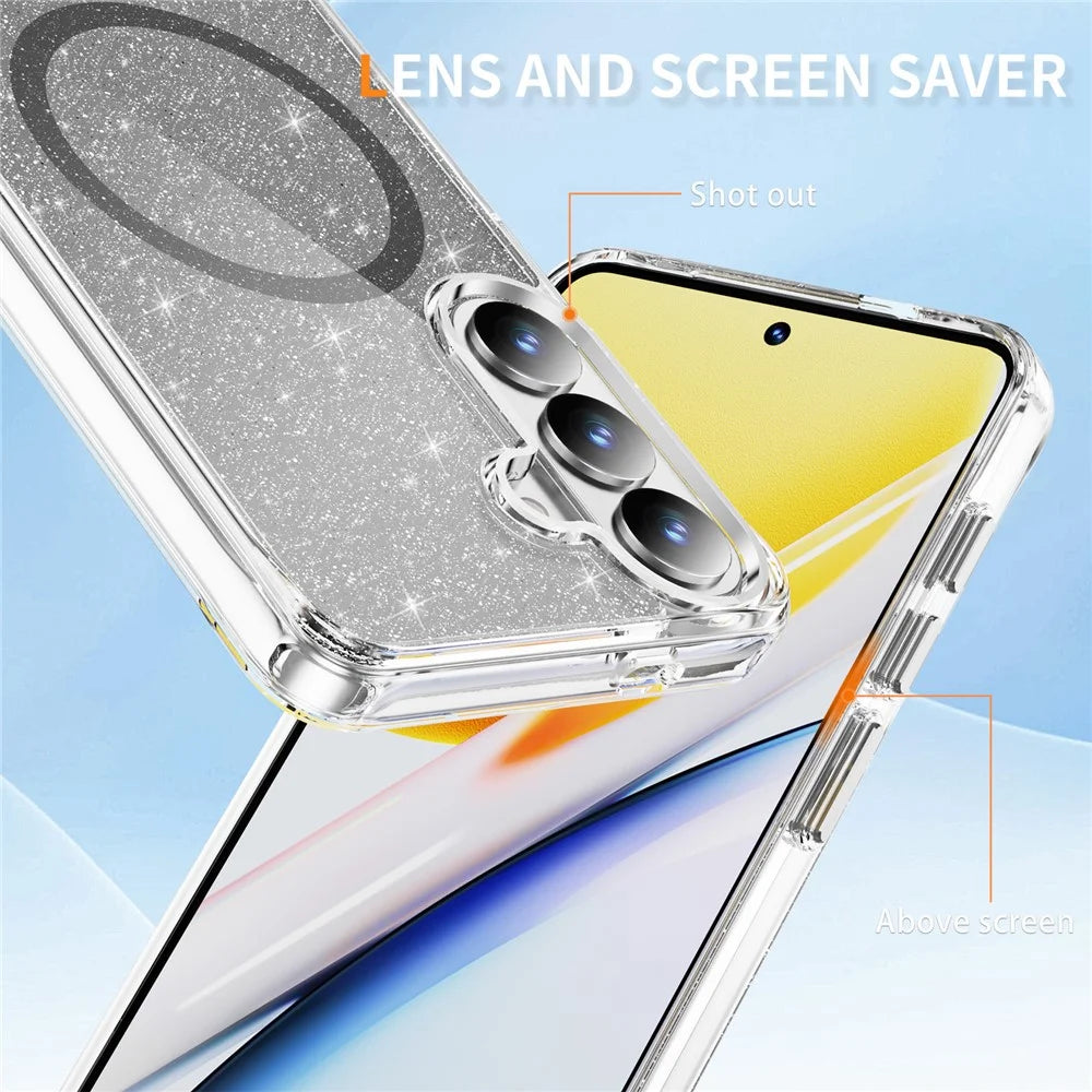 For Samsung Galaxy S26 Glitter Magnetic Case Crystal Clear PC TPU Shockproof Phone Cover - Black - 6