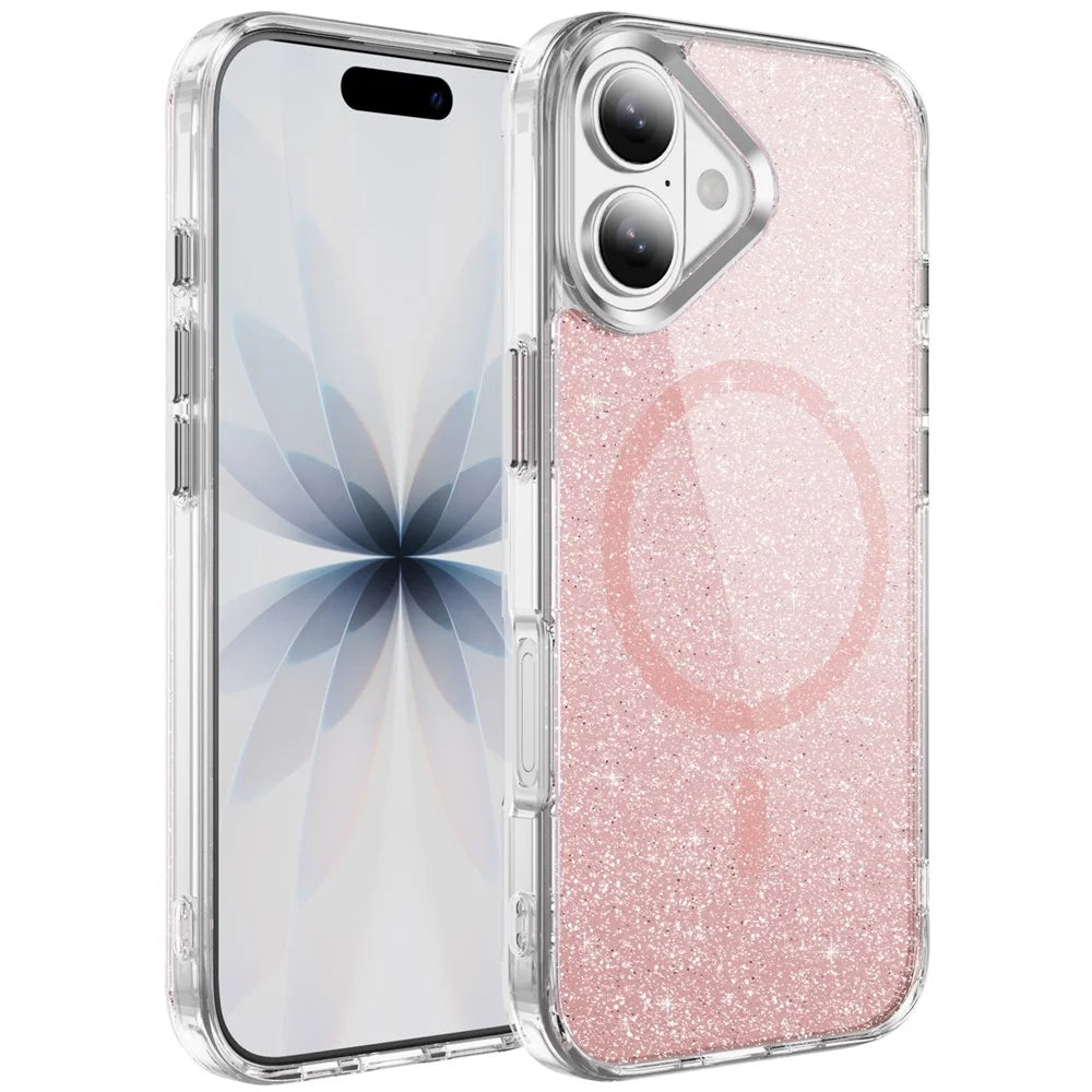 For iPhone 17 Glitter Magnetic Case Crystal Clear PC TPU Shockproof Phone Cover - Pink - 1