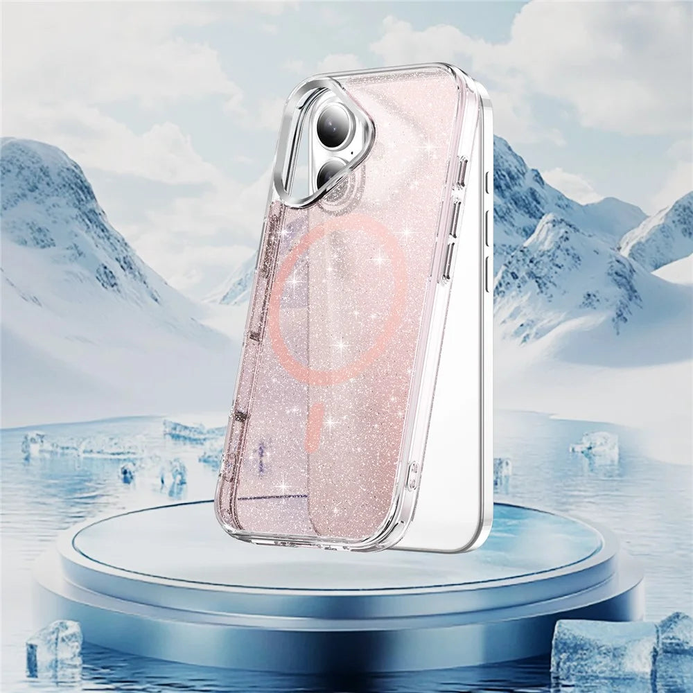 For iPhone 17 Glitter Magnetic Case Crystal Clear PC TPU Shockproof Phone Cover - Pink - 2