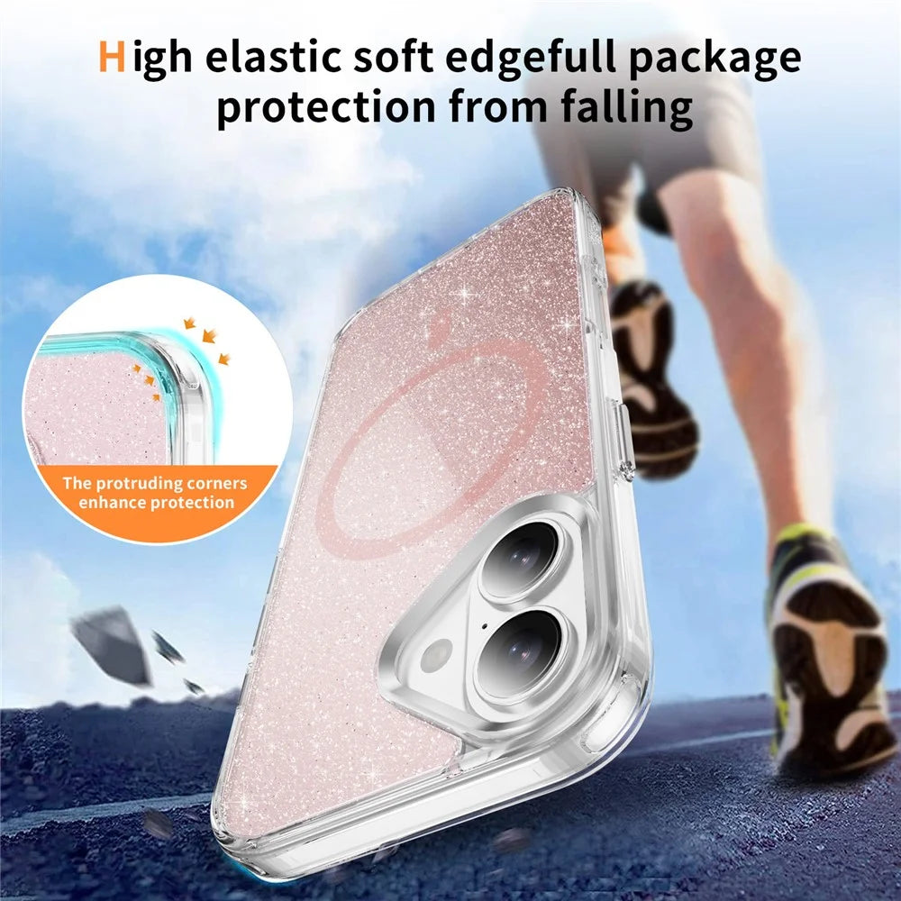 For iPhone 17 Glitter Magnetic Case Crystal Clear PC TPU Shockproof Phone Cover - Pink - 4