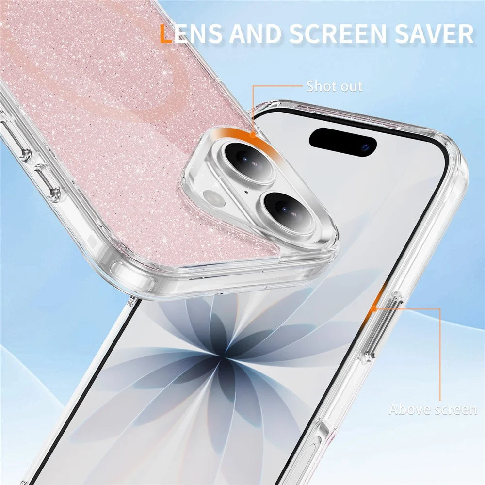 For iPhone 17 Glitter Magnetic Case Crystal Clear PC TPU Shockproof Phone Cover - Pink - 5