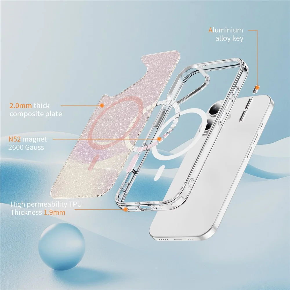 For iPhone 17 Glitter Magnetic Case Crystal Clear PC TPU Shockproof Phone Cover - Pink - 7