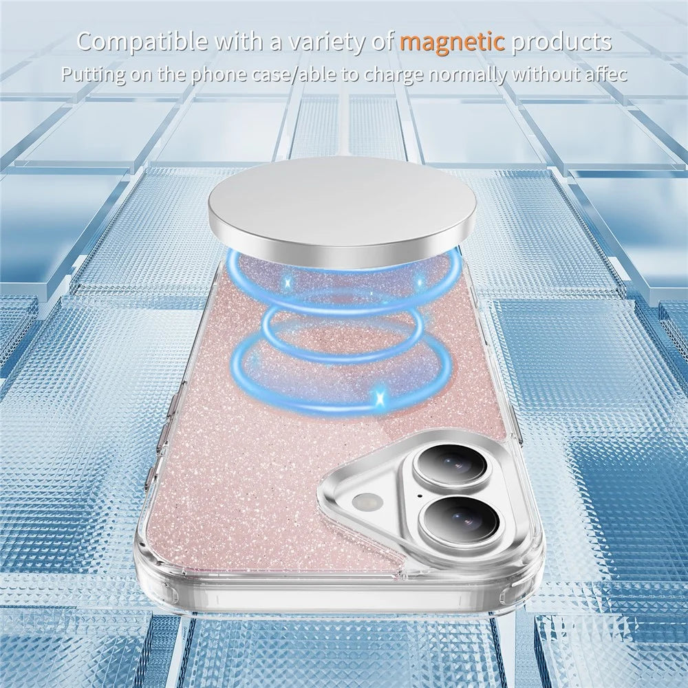 For iPhone 16 Glitter Magnetic Case Crystal Clear PC TPU Shockproof Phone Cover - Pink - 3