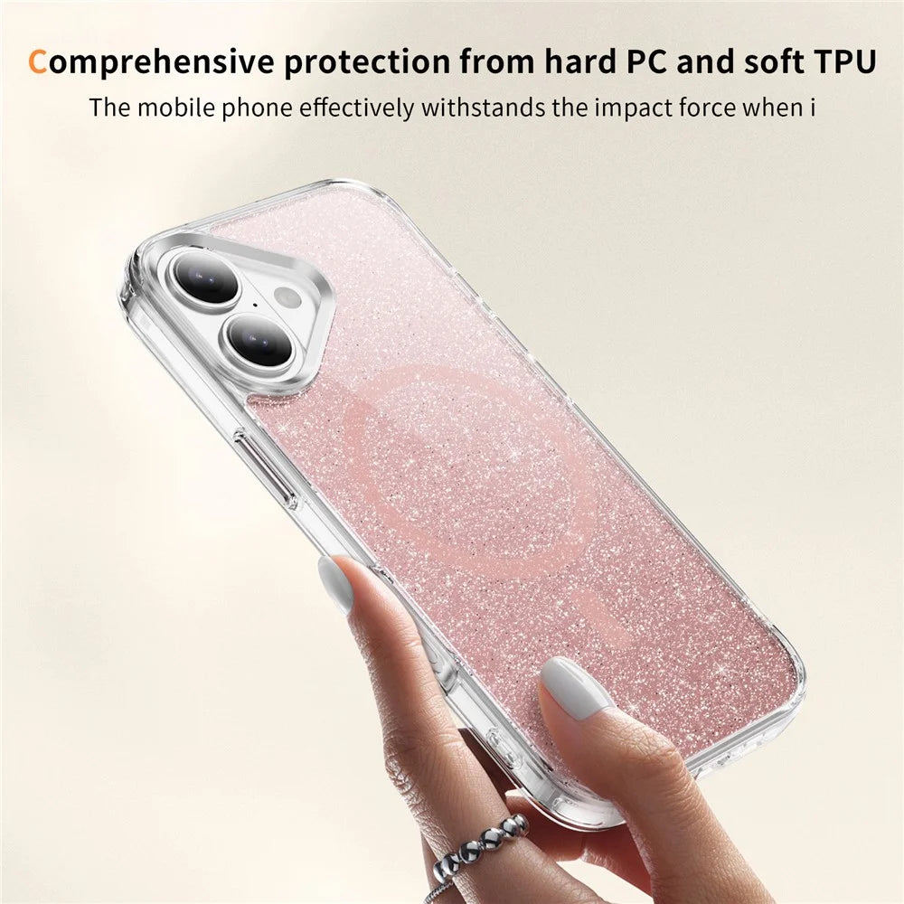 For iPhone 16 Glitter Magnetic Case Crystal Clear PC TPU Shockproof Phone Cover - Pink - 6