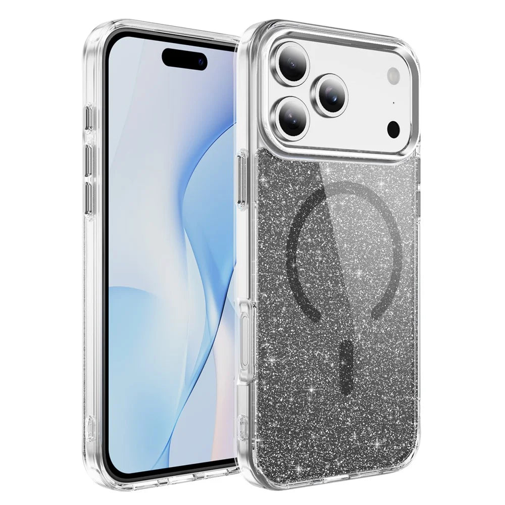 For iPhone 18 Pro / 17 Pro Glitter Magnetic Case Crystal Clear PC TPU Shockproof Phone Cover - Black - 1