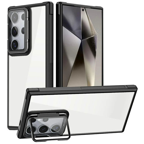 For Samsung Galaxy S26 Ultra Phone Case PC + TPU Clear Back Cover with Lens Cover Kickstand - Black - 1