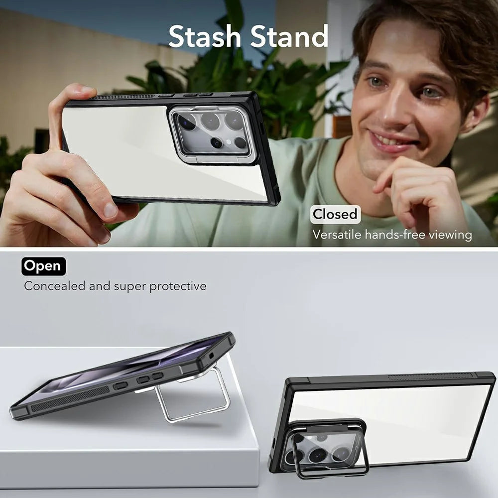 For Samsung Galaxy S26 Ultra Phone Case PC + TPU Clear Back Cover with Lens Cover Kickstand - Black - 4