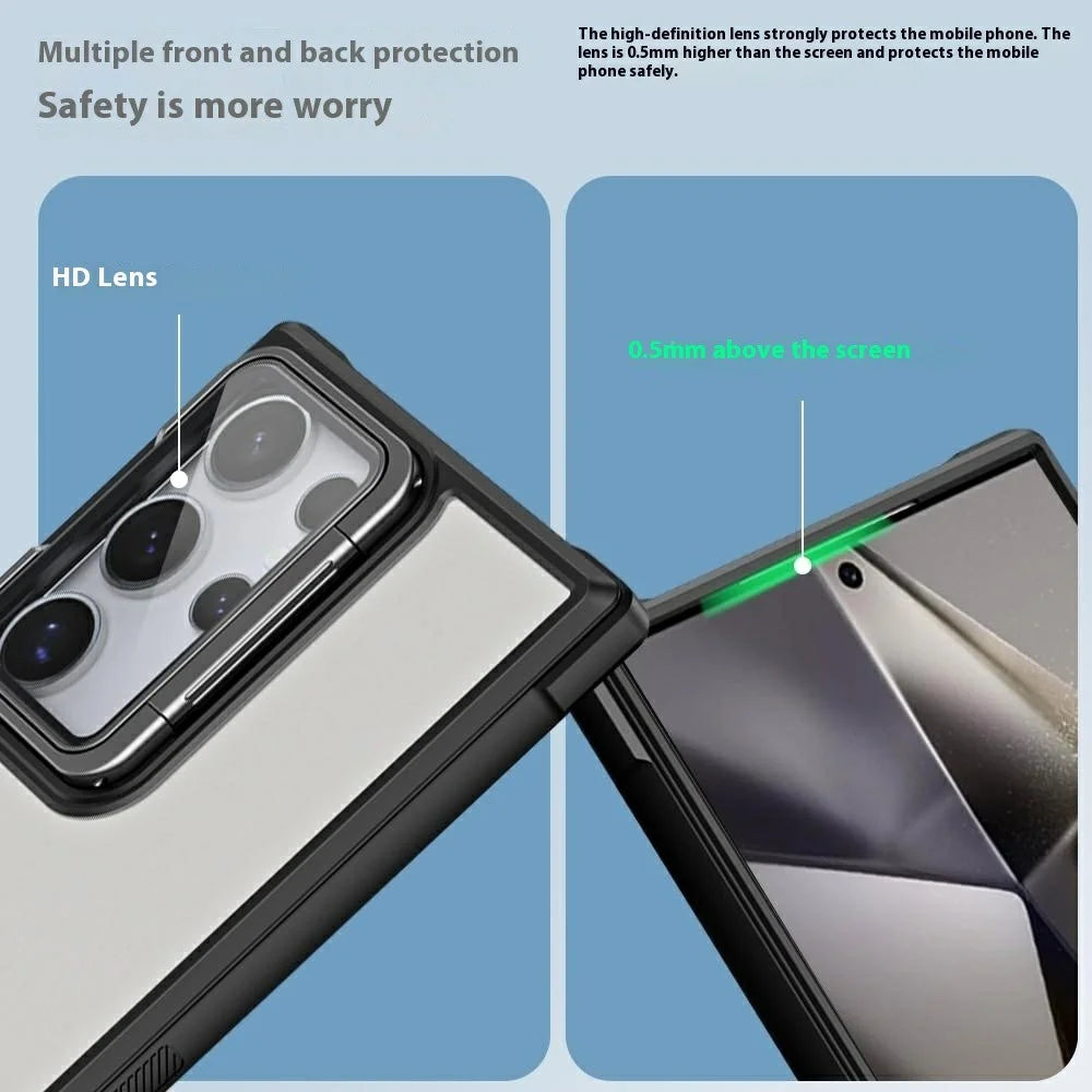 For Samsung Galaxy S26 Ultra Phone Case PC + TPU Clear Back Cover with Lens Cover Kickstand - Black - 6