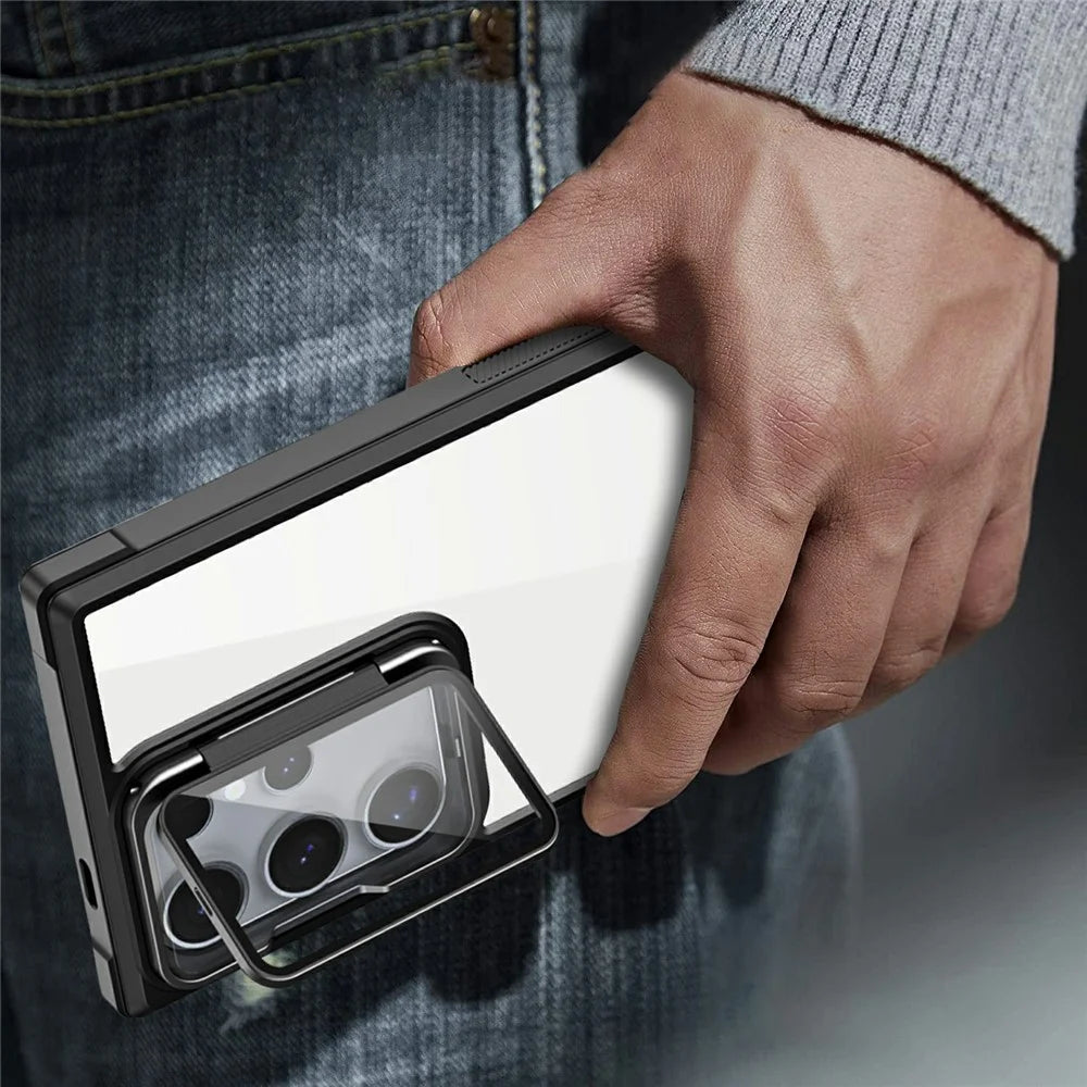 For Samsung Galaxy S26 Ultra Phone Case PC + TPU Clear Back Cover with Lens Cover Kickstand - Black - 7