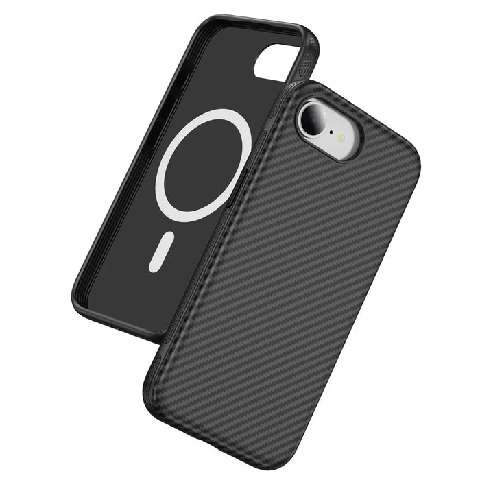 For iPhone 17e / 16e Magnetic Phone Case Carbon Fiber Texture PC TPU Back Cover - Black - 1