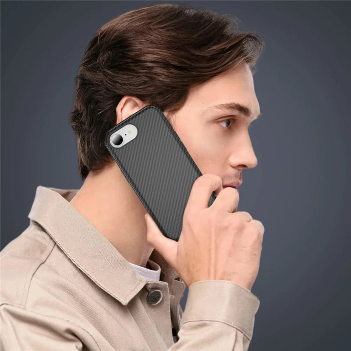For iPhone 17e / 16e Magnetic Phone Case Carbon Fiber Texture PC TPU Back Cover - Black - 6