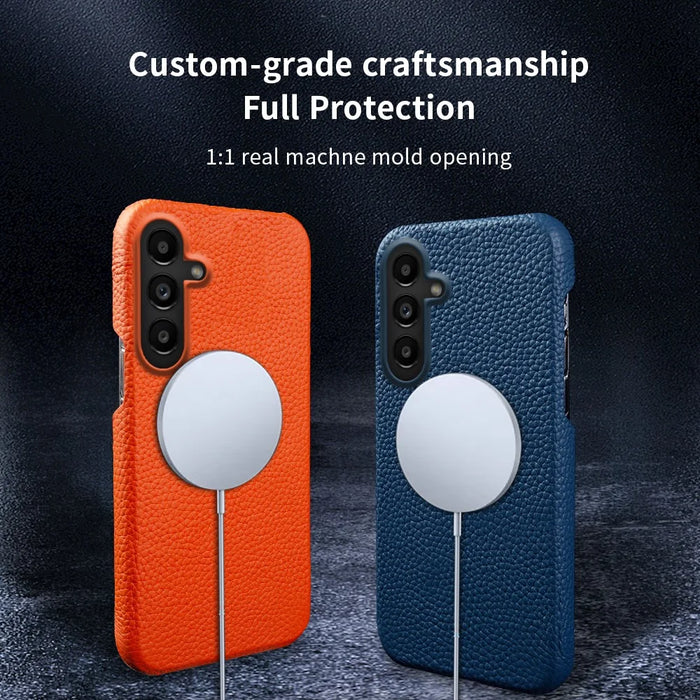 For Samsung Galaxy S25 FE Magnetic Case Litchi Texture Genuine Cow Leather + PC Shockproof Phone Back Cover - Mint Green - 6