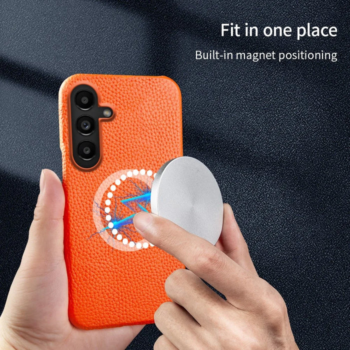 For Samsung Galaxy S25 FE Magnetic Case Litchi Texture Genuine Cow Leather + PC Shockproof Phone Back Cover - Mint Green - 7