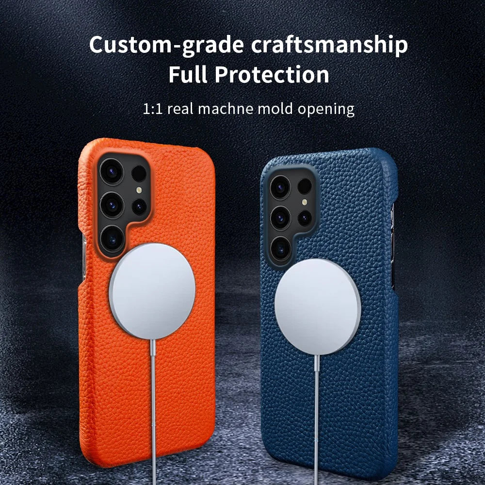 For Samsung Galaxy S26 Ultra Magnetic Case Litchi Texture Genuine Cow Leather + PC Shockproof Phone Back Cover - Brown - 6