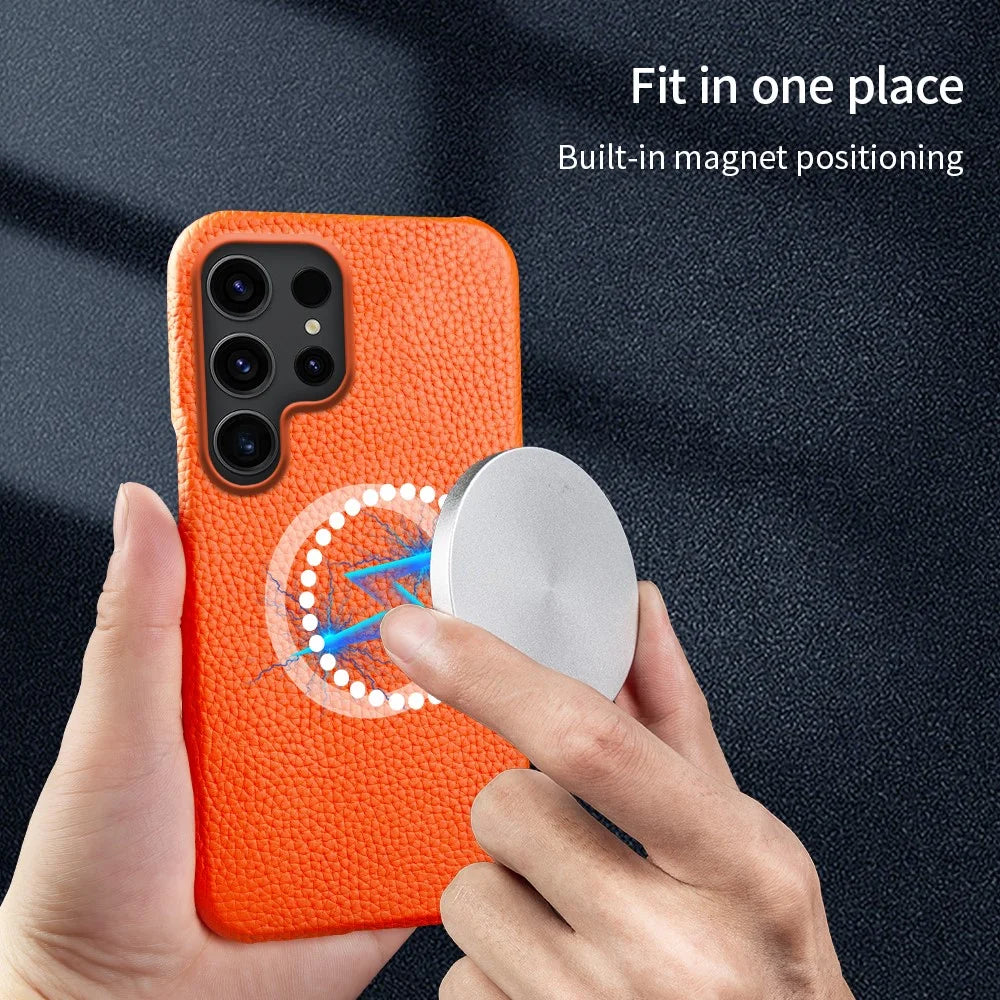 For Samsung Galaxy S26 Ultra Magnetic Case Litchi Texture Genuine Cow Leather + PC Shockproof Phone Back Cover - Brown - 7