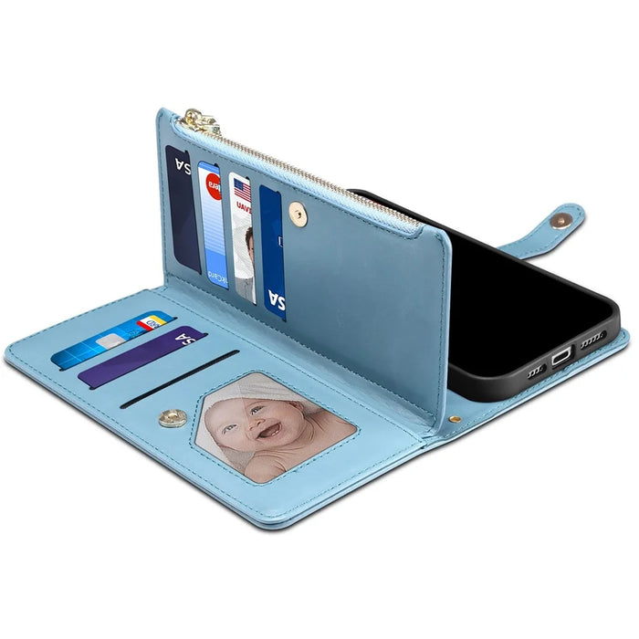 ESEBLE Galaxy Series For Samsung Galaxy A37 5G Case RFID Blocking Leather Zipper Phone Cover with Shoulder Strap + Wrist Strap - Blue - 5