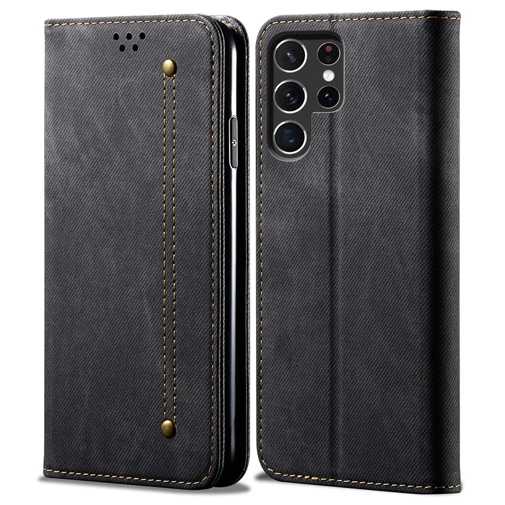 For Samsung Galaxy S26 Ultra Case Jeans Cloth Texture Anti-Scratch Leather Stand Phone Cover - Black - 1