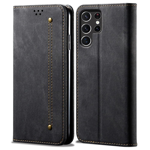 For Samsung Galaxy S26 Ultra Case Jeans Cloth Texture Anti-Scratch Leather Stand Phone Cover - Black - 1