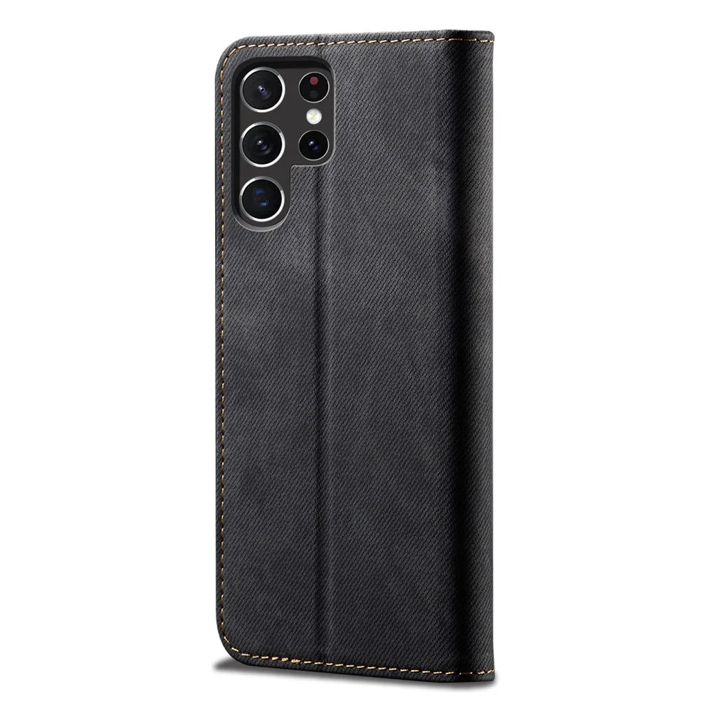 For Samsung Galaxy S26 Ultra Case Jeans Cloth Texture Anti-Scratch Leather Stand Phone Cover - Black - 6