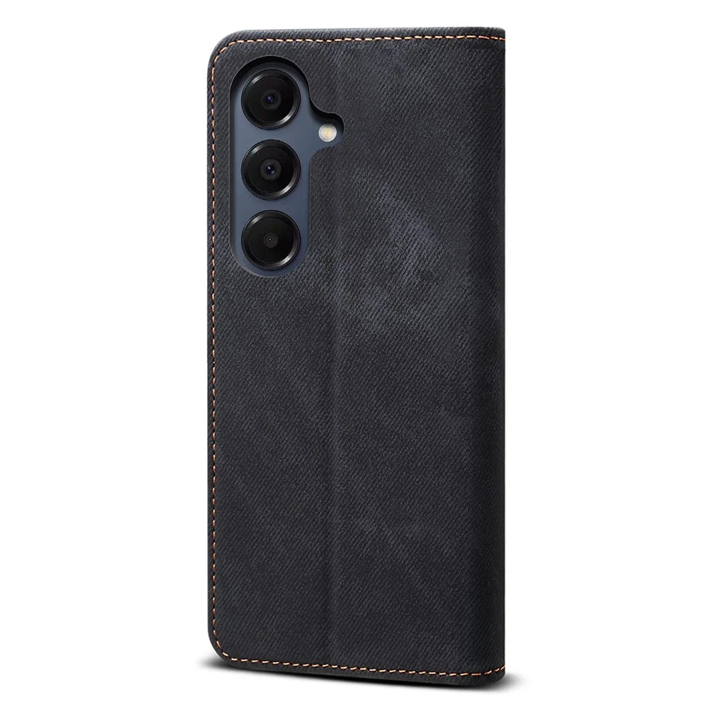 For Samsung Galaxy S26 Case Jeans Cloth Texture Anti-Scratch Leather Stand Phone Cover - Black - 6