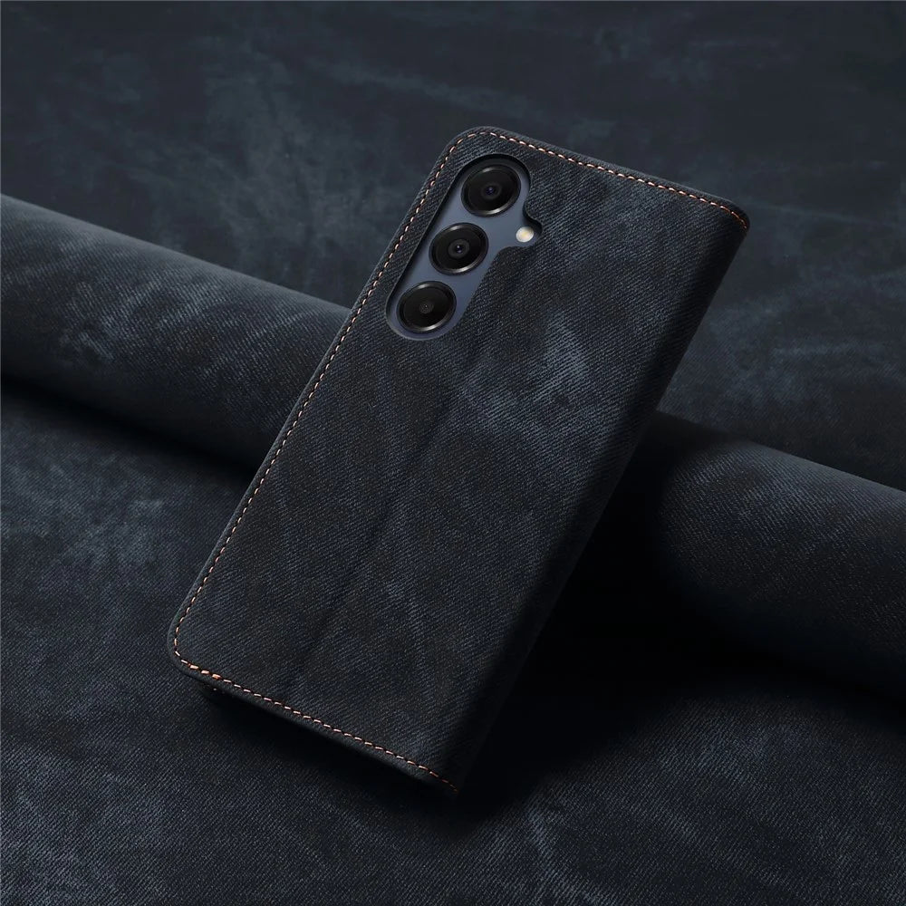 For Samsung Galaxy S26 Case Jeans Cloth Texture Anti-Scratch Leather Stand Phone Cover - Black - 7
