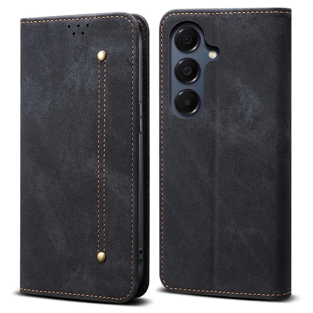 For Samsung Galaxy A57 5G Case Jeans Cloth Texture Anti-Scratch Leather Stand Phone Cover - Black - 1