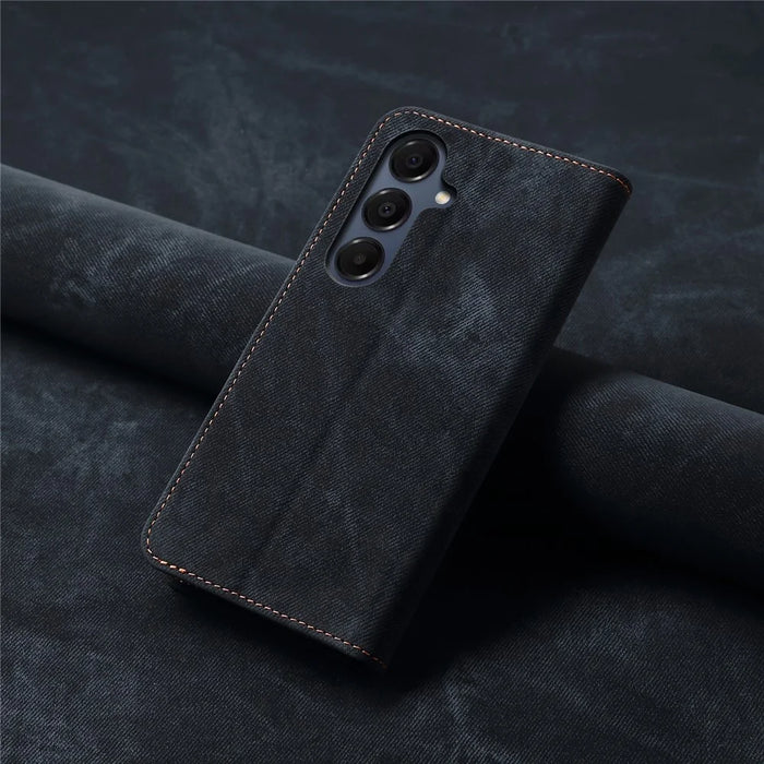 For Samsung Galaxy A57 5G Case Jeans Cloth Texture Anti-Scratch Leather Stand Phone Cover - Black - 7