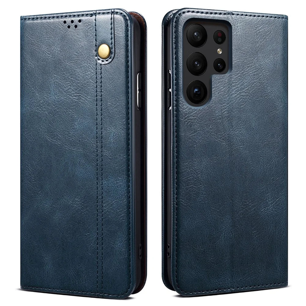 For Samsung Galaxy S26 Ultra Case Crazy Horse Texture Waxy Leather Wallet Stand Phone Cover - Blue - 1