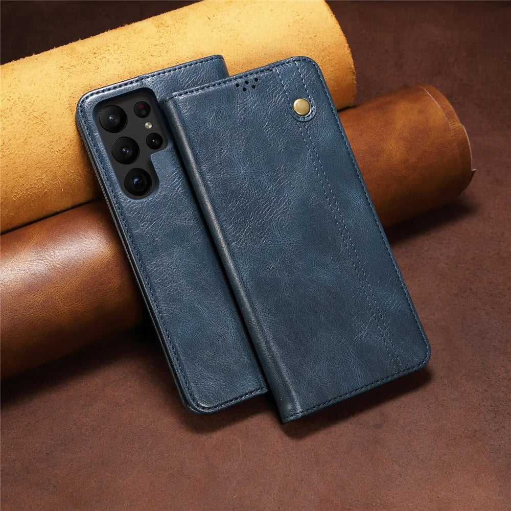 For Samsung Galaxy S26 Ultra Case Crazy Horse Texture Waxy Leather Wallet Stand Phone Cover - Blue - 7