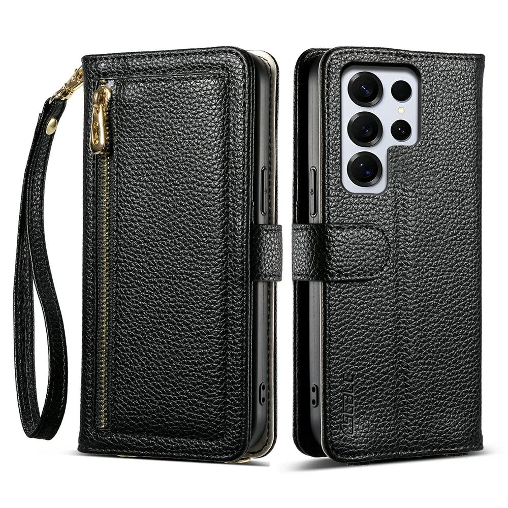 ESEBLE E11 For Samsung Galaxy S26 Ultra Case Zipper Pocket Litchi Texture Leather Phone Cover with Mirror and Wrist Strap - Black - 1