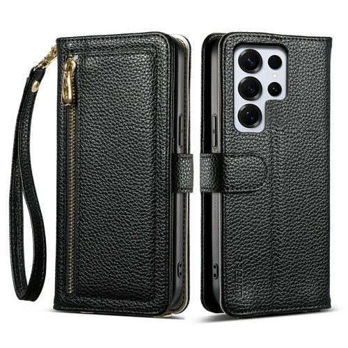 ESEBLE E11 For Samsung Galaxy S26 Ultra Case Zipper Pocket Litchi Texture Leather Phone Cover with Mirror and Wrist Strap - Black - 1