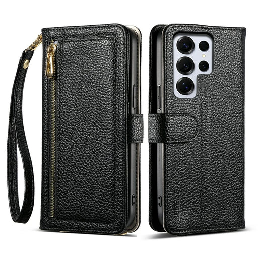 ESEBLE E11 For Samsung Galaxy S26 Ultra Case Zipper Pocket Litchi Texture Leather Phone Cover with Mirror and Wrist Strap - Black - 1