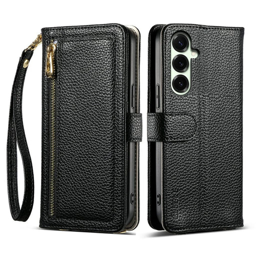 ESEBLE E11 For Samsung Galaxy S26+ Case Zipper Pocket Litchi Texture Leather Phone Cover with Mirror and Wrist Strap - Black - 1