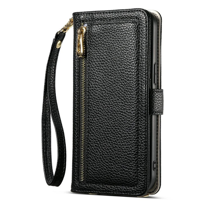 ESEBLE E11 For Samsung Galaxy S26 Case Zipper Pocket Litchi Texture Leather Phone Cover with Mirror and Wrist Strap - Black - 7
