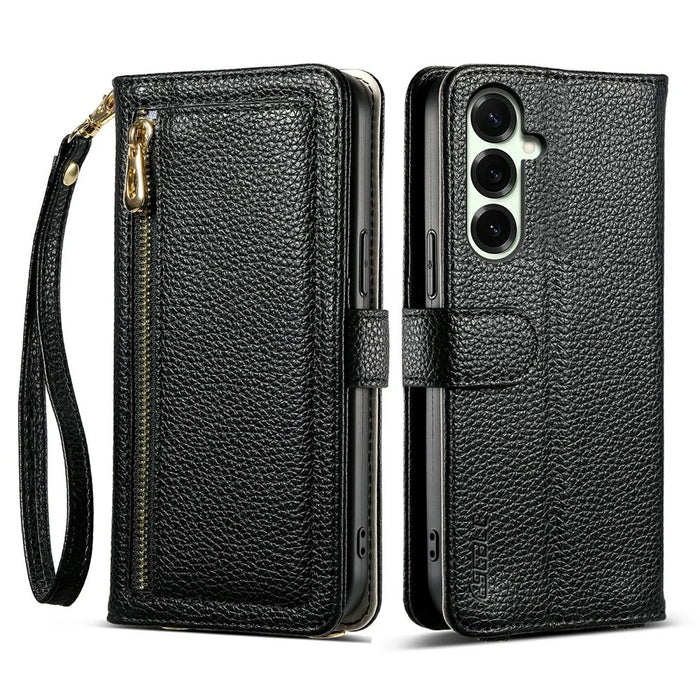 ESEBLE E11 For Samsung Galaxy A37 5G Case Zipper Pocket Litchi Texture Leather Phone Cover with Mirror and Wrist Strap - Black - 1