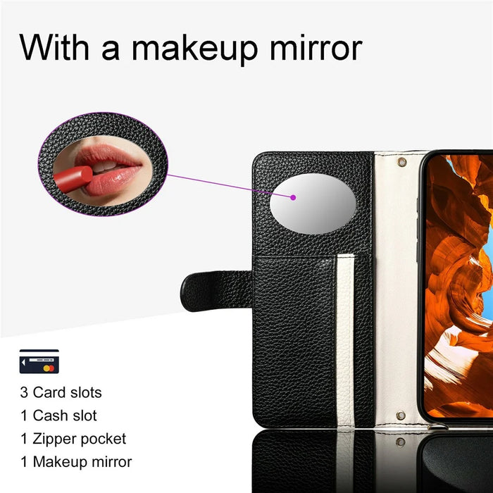 ESEBLE E11 For Samsung Galaxy A37 5G Case Zipper Pocket Litchi Texture Leather Phone Cover with Mirror and Wrist Strap - Black - 6