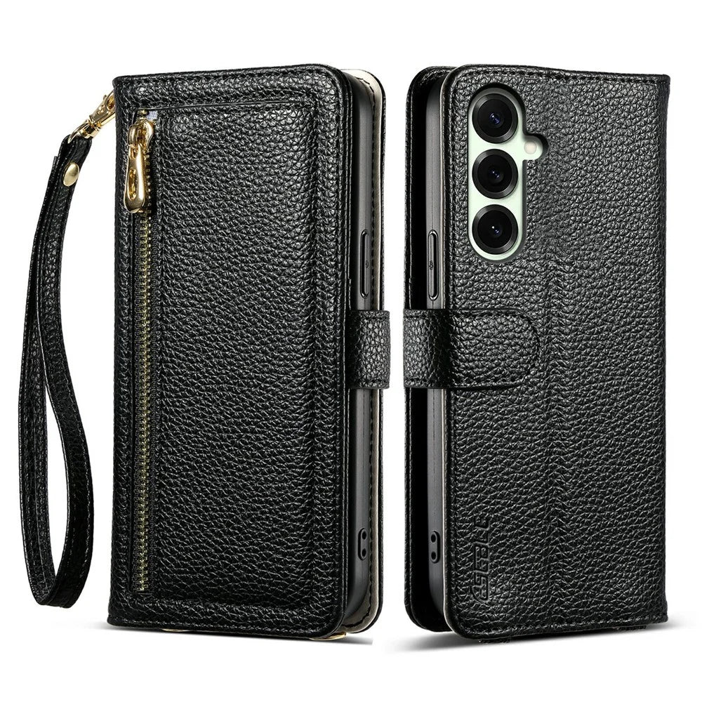 ESEBLE E11 For Samsung Galaxy A57 5G Case Zipper Pocket Litchi Texture Leather Phone Cover with Mirror and Wrist Strap - Black - 1