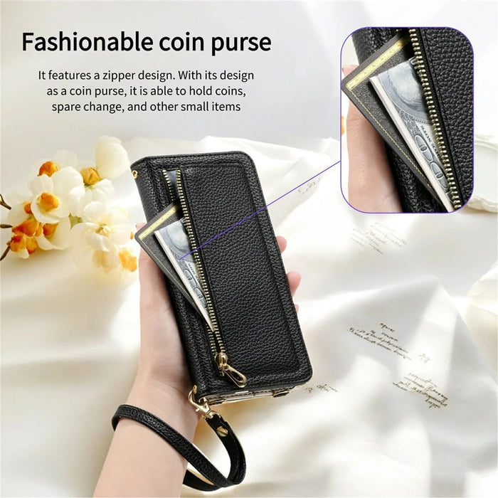ESEBLE E11 For Samsung Galaxy A57 5G Case Zipper Pocket Litchi Texture Leather Phone Cover with Mirror and Wrist Strap - Black - 5
