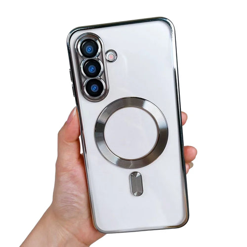 For Samsung Galaxy A26 5G Magnetic Case Clear Electroplated TPU Phone Cover with Camera Lens Film - Silver - 1