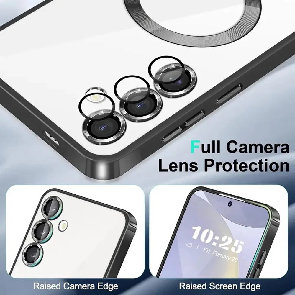 For Samsung Galaxy A26 5G Magnetic Case Clear Electroplated TPU Phone Cover with Camera Lens Film - Silver - 5