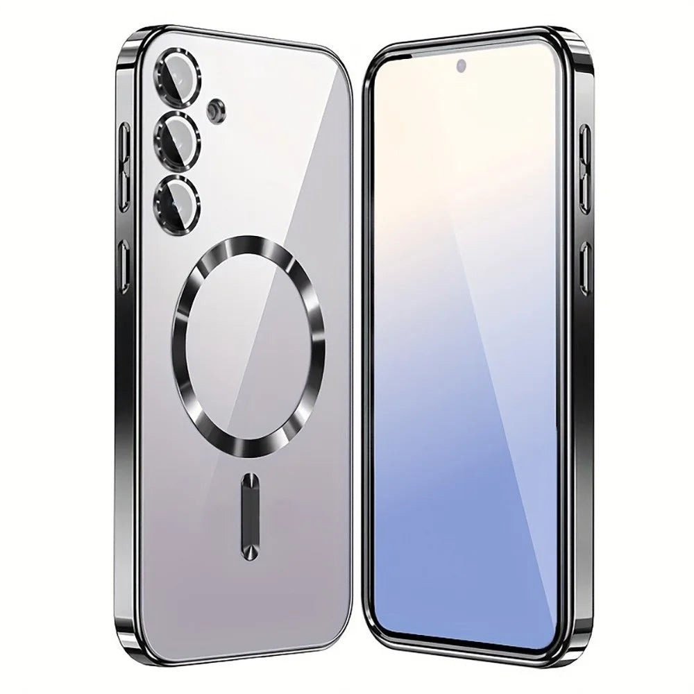 For Samsung Galaxy S26 Magnetic Case Clear Electroplated TPU Phone Cover with Camera Lens Film - Silver - 2