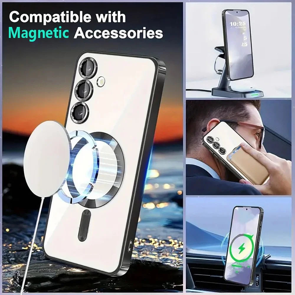 For Samsung Galaxy S26 Magnetic Case Clear Electroplated TPU Phone Cover with Camera Lens Film - Silver - 4
