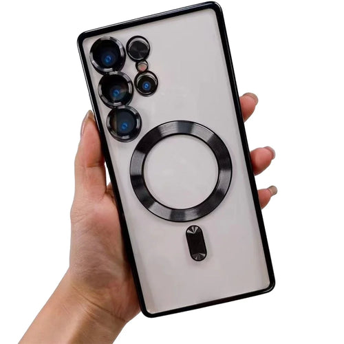 For Samsung Galaxy S26 Ultra Magnetic Case Clear Electroplated TPU Phone Cover with Camera Lens Film - Black - 1