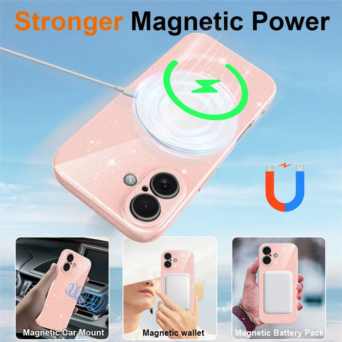 For iPhone 17 Magnetic Case Glitter TPU Shockproof Phone Cover with Lanyard Compatible with MagSafe - Pink - 3